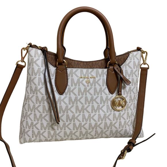 MICHAEL KORS AUSTEN Vanilla & Acorn Brown Leather Logo Satchel with XBody Strap - Picture 1 of 16